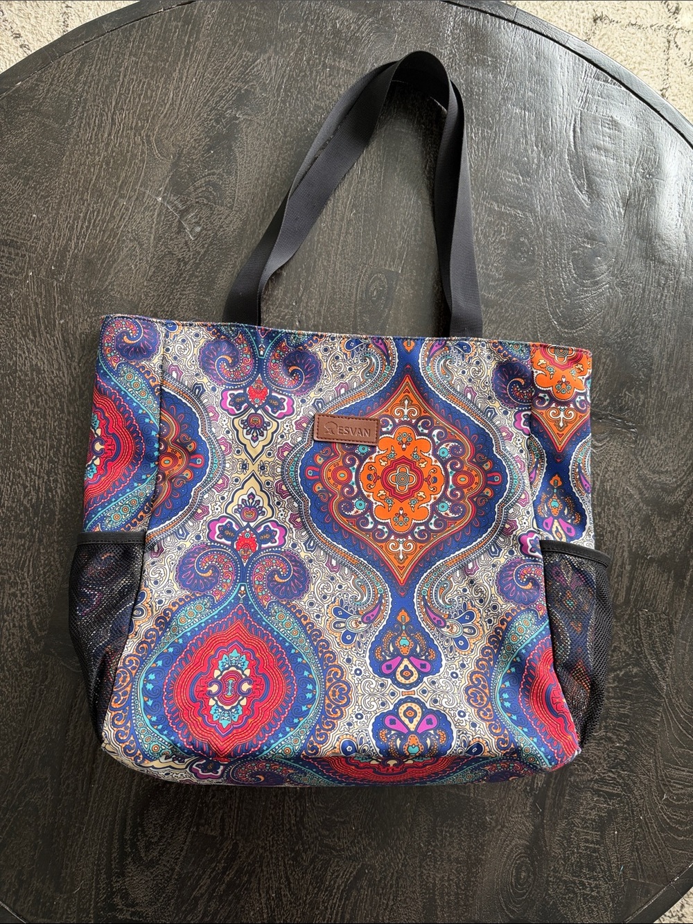 Multicolor Paisley Tote Bag with Black Straps
